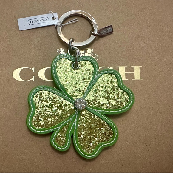 Coach Green Leather Glittered Four Leaf Clover Shamrock Keychain Fob Bag - Picture 1 of 5